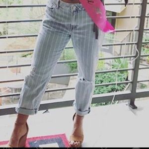 Light wash striped + distressed boyfriend jeans